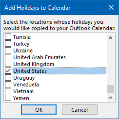 When you have an updated holidays file (.hol), you can double click on it to directly open it with Outlook and select which holidays to import.