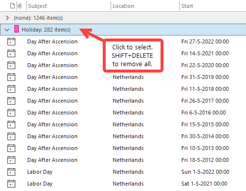 Deleting all Holidays at once is easy via a By Category sorted view.