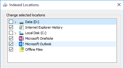 outlook 2016 indexing options grayed out regedit