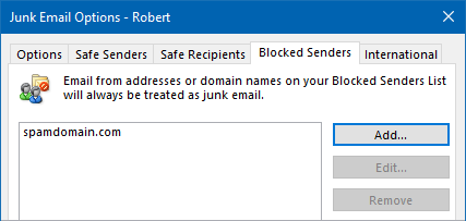 how to block a sender in outlook wildcard