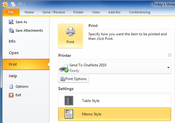 print selection in outlook